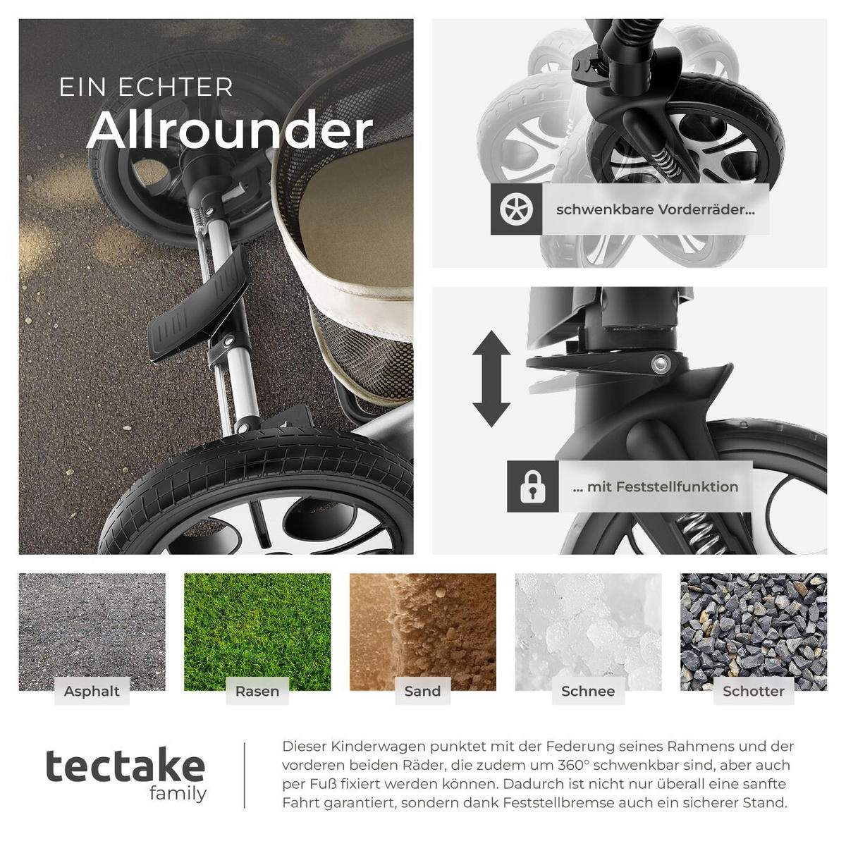 KOMBI-KINDERWAGEN Mats,für 0 bis 36 Monate geeignet, Belastbarkeit 15 kg,grau/beige - Beige/Grau, Kunststoff (100/63/120cm) - tectake