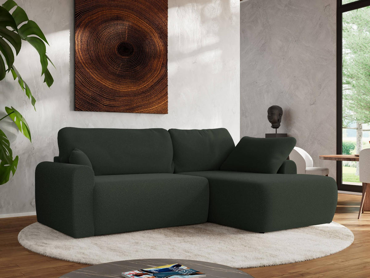 ECKSCHLAFSOFA CUBO L Dunkelgrün Boucle - rechts - Dunkelgrün/Schwarz, Kunststoff/Textil (187/273cm) - MKS