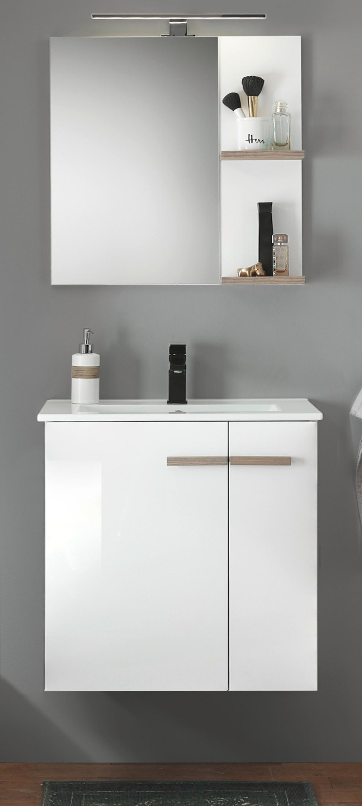 BADMÖBEL-SET weiß Hochglanz Lack, Eiche, Badkombination MIT Waschbecken, Badlampe 60 x 200 cm - Weiß Hochglanz/Eichefarben, Holzwerkstoff (60/200/40cm) - Furn.Design