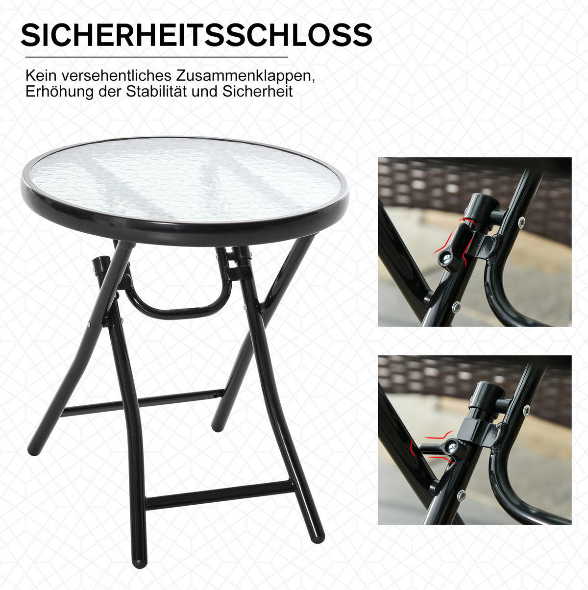 BALKONTISCH Ø45/50 cm klappbar mit Sicherheitsverschluss und Glasplatte aus Metall, Schwarz - Schwarz, Metall (40/40/50cm) - Redom
