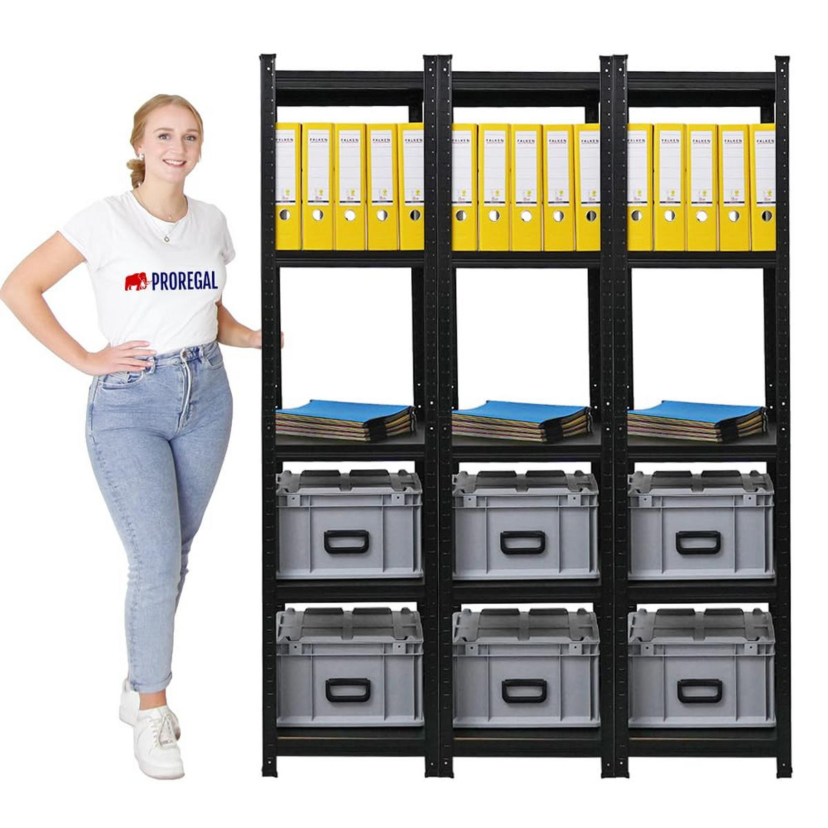 WOHNREGAL Ragnar 3er-Set mit 3x 180x45x45 cm Fachlast 100 kg Matt Schwarz - Schwarz, Metall (135/180/45cm) - PROREGAL
