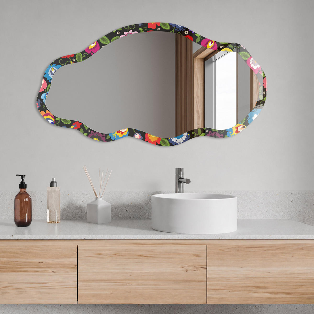 SPIEGEL 90x45 cm asymmetrisch mit Druck - Folkloreblumen - Transparent, Glas (45/90/0.4cm) - TULUP