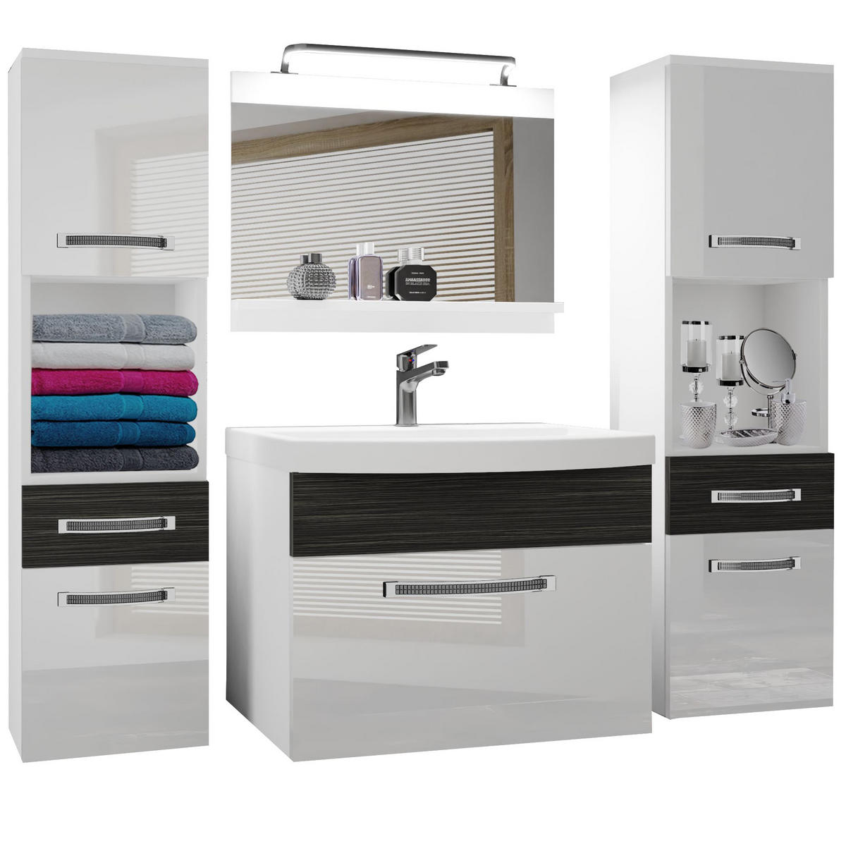 BADMÖBEL Badezimmer Weiß Königliches Ebenholz Glänzend Matt - Weiß Hochglanz/Schwarz, Holz (140/113/40cm) - B BELINI GROUP