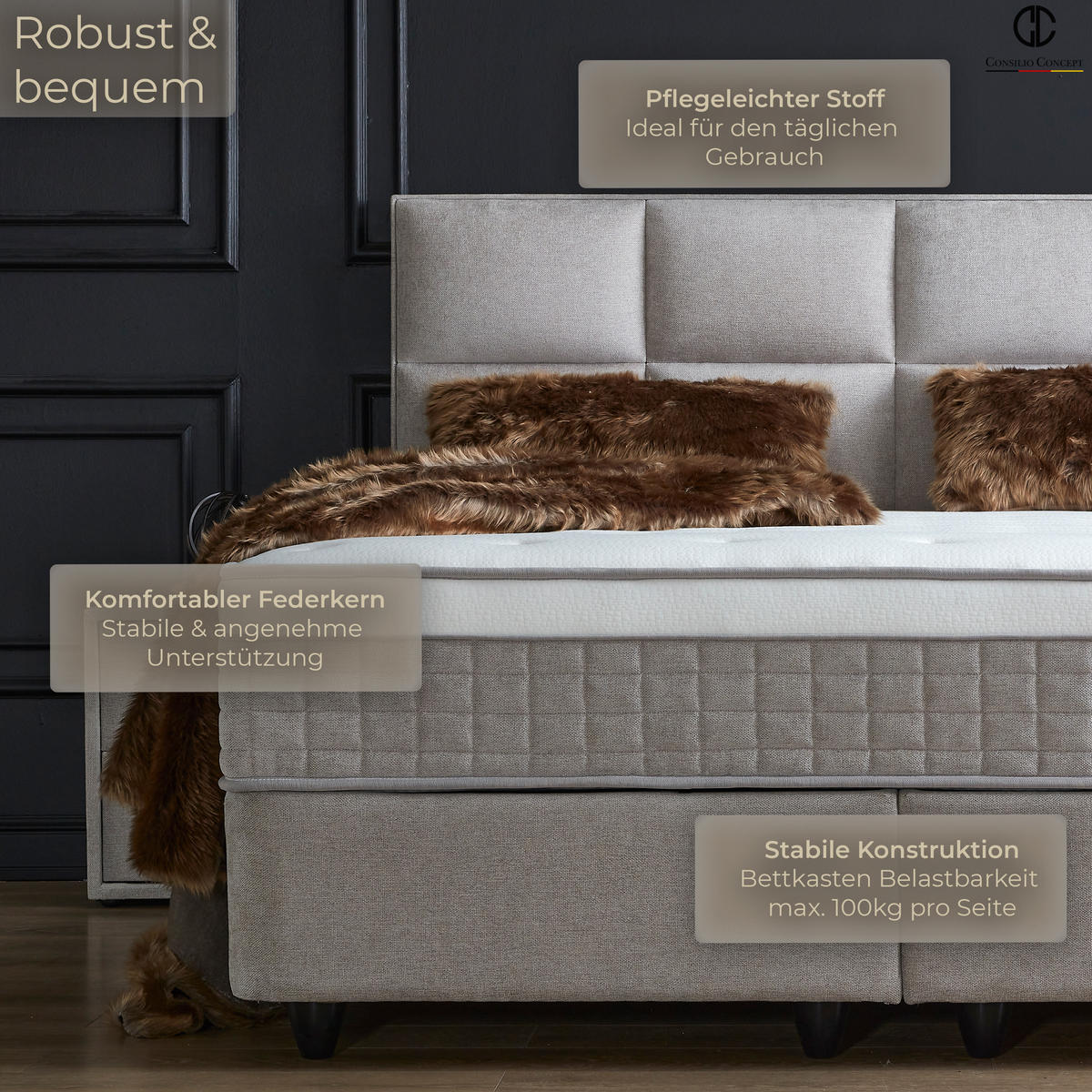 BOXSPRINGBETT MIT BETTKASTEN ARIANA 120/200 cm, Greige, mit Leuchten, Bettkasten, Matratze, Topper integriert, H3 mittel - Greige/Schwarz, Holz/Kunststoff (120/200cm) - Consilio Concept