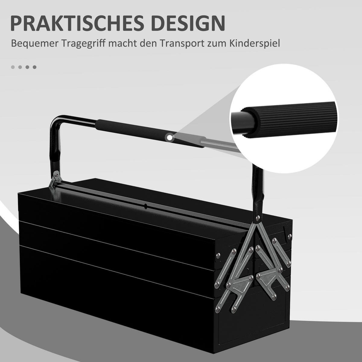 WERKZEUGKOFFER 5 Fächer aufklappbar, Schwarz 56 x 20 x 41 cm - Schwarz, Metall (56/41/20cm) - DURHAND