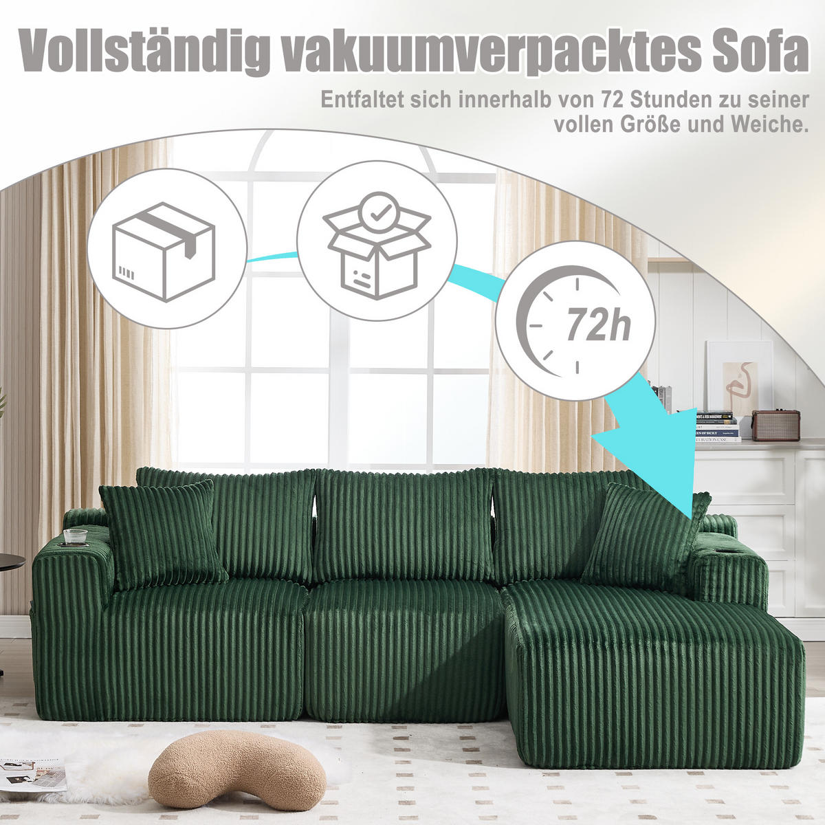 MODULARES Sofa-Set Cord mit Chaiselongue Taschen und Getränkehalter 257/90 160/62 cm Smaragdgrün - Smaragdgrün, Textil (160/257cm) - Redom