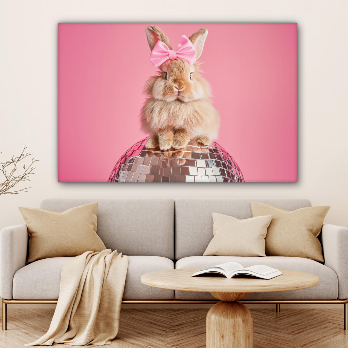 LEINWANDBILD Schleife - Discoball - Kaninchen XXL 150x100 cm - Pink, Textil (150/100cm) - MuchoWow