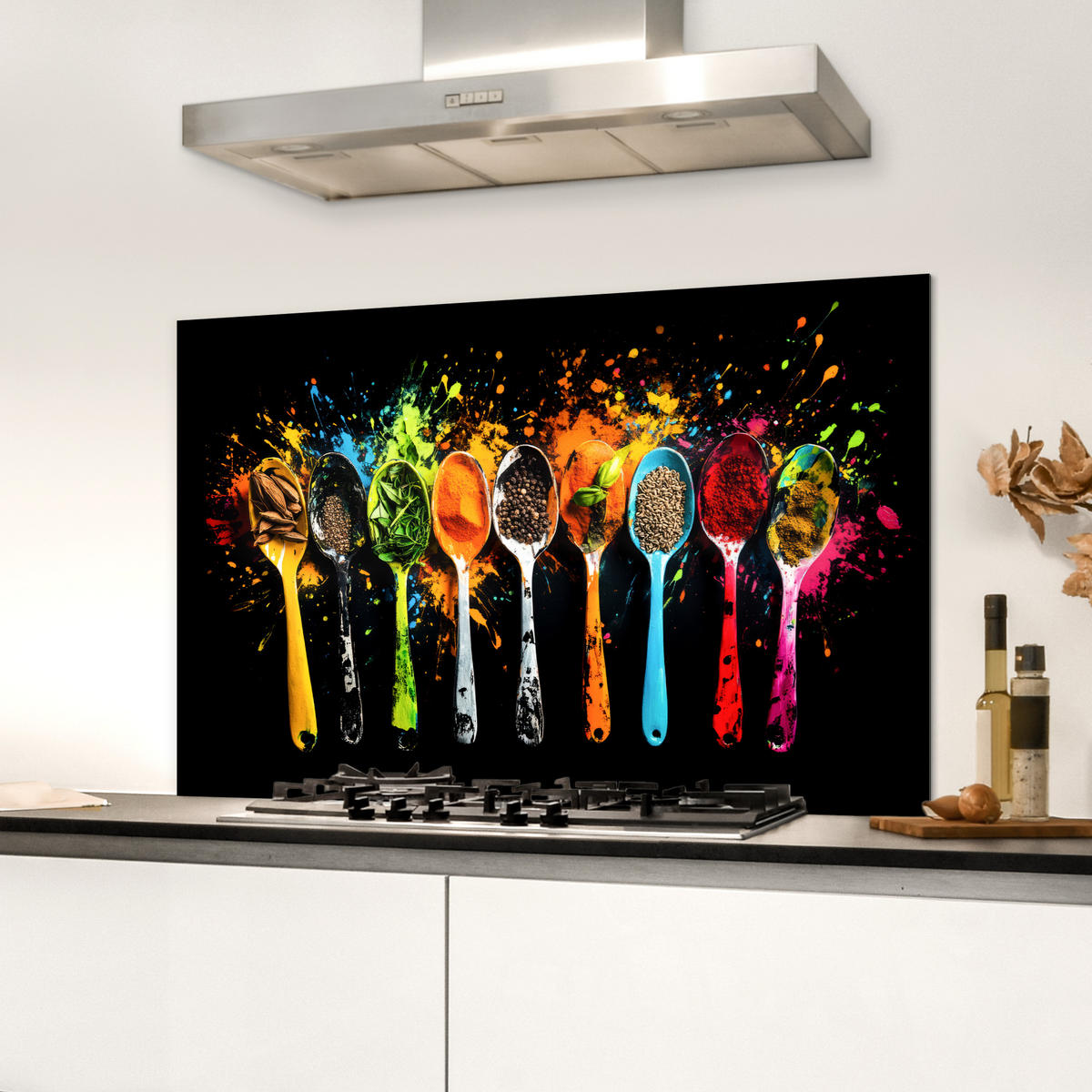 SPRITZSCHUTZ KÜCHE Löffel - Gewürze - Modern - Graffiti - Farbe - Farbenfroh 80x55 cm - Multicolor, Metall (80/0.3/55cm) - MuchoWow