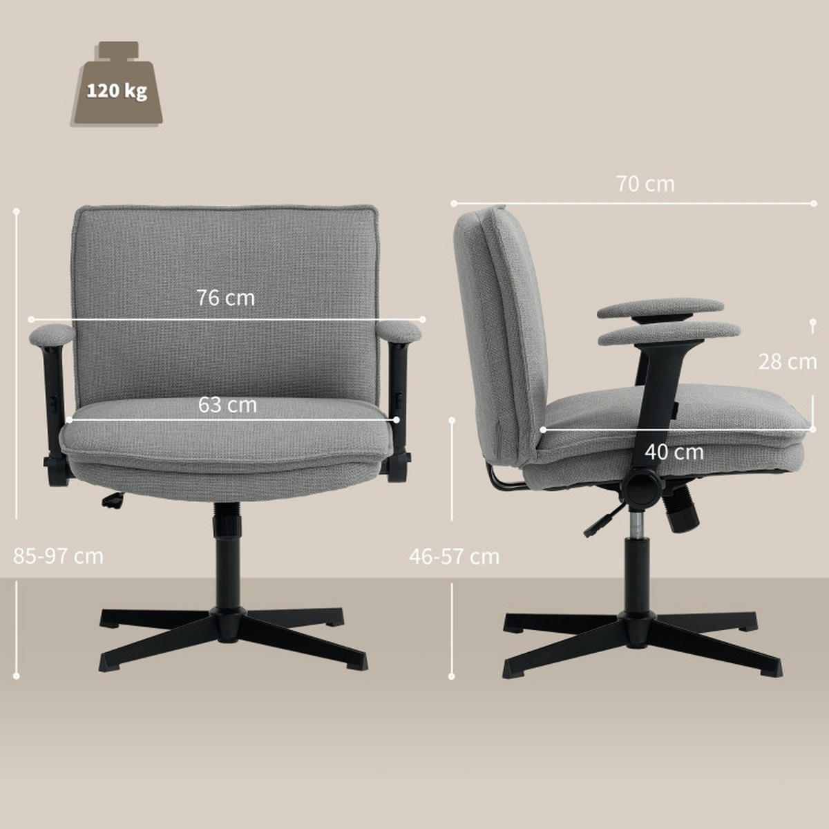 STUHL 76/70/85-97 cm, 63 cm Sitz, höhenverstellbar und drehbar, mit hochklappbaren Armlehnen, Leinenoptik, Grau - Grau, Kunststoff (70/97/76cm) - Redom