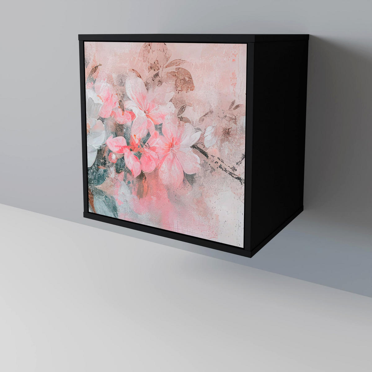SIDEBOARD CHERRY BLOSSOM, Schwarz, 57,5x42x70,5 cm, Schwarze Metall-Sternfüße - Multicolor/Schwarz, Holzwerkstoff/Metall (57.5/70.5/42cm) - SpaceRebels