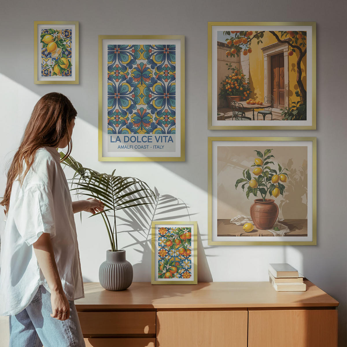 WANDBILDER 5er Set - 50x50 cm & 20x30 cm & 40x60 cm Goldrahmen - Zitronen, Blumen, Orangen, Italien - Goldfarben, Kunststoff (40/60cm) - ArtPrintCave