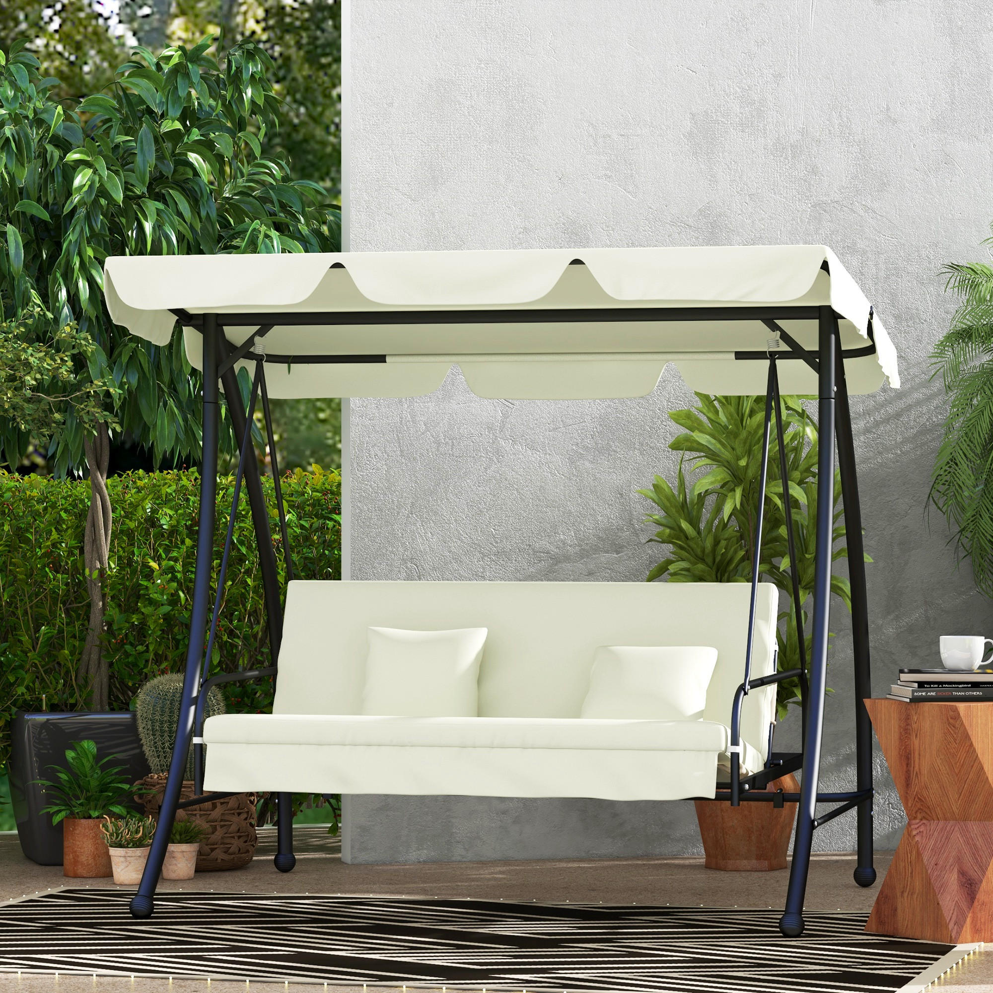 HOLLYWOODSCHAUKEL 2 in 1 mit Liegefunktion 3-Sitzer Gartenschaukel Cremeweiß - Creme, Metall (125/170/200cm) - Outsunny