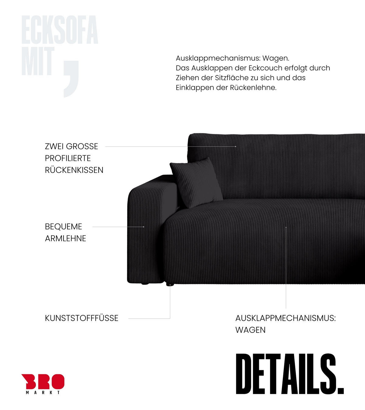 ECKSOFA PUMI mit Schlaffunktion Schwarz Cord - Schwarz, Textil (244/148cm) - Bromarkt