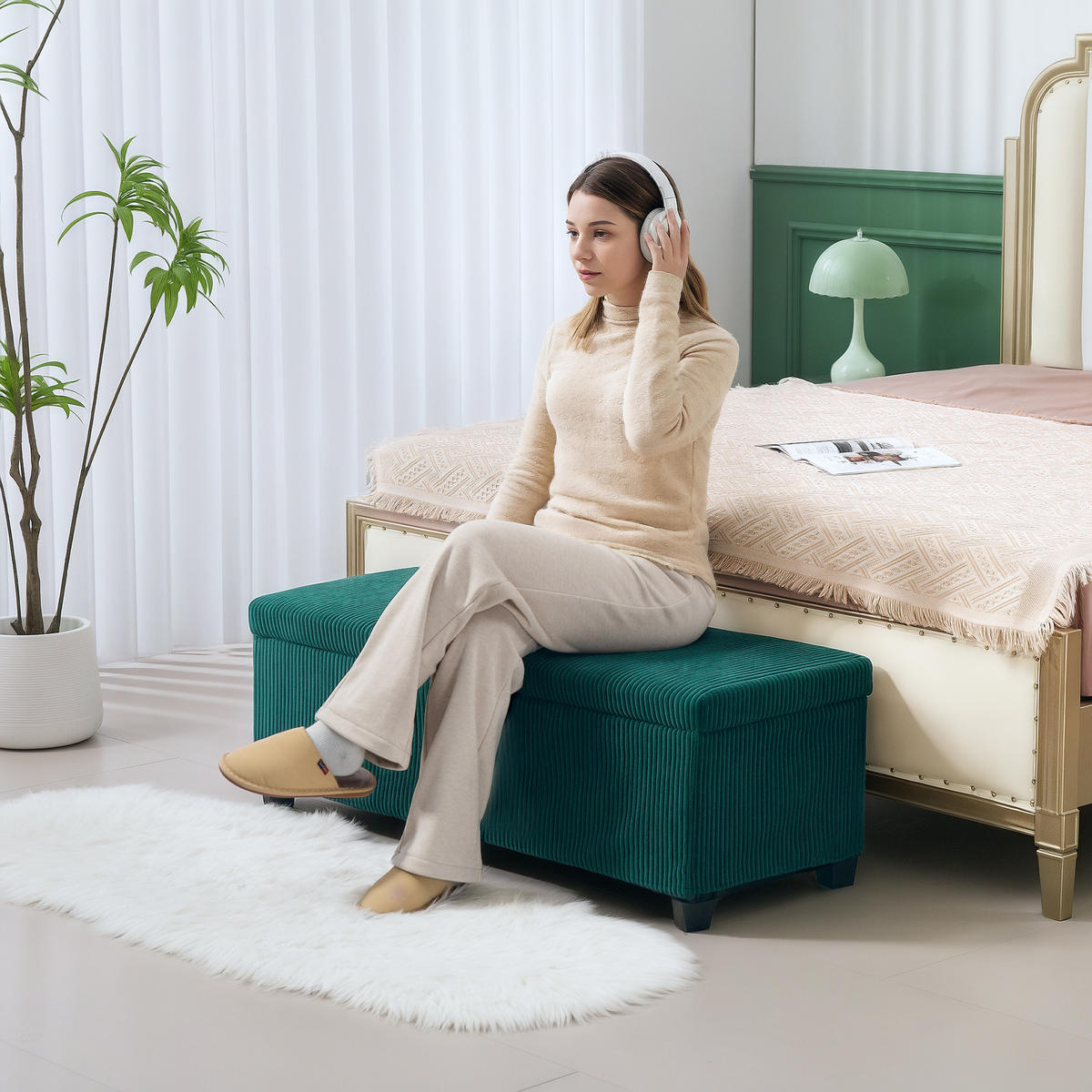 TRUHENBANK DE-16408 mit Stauraum und Cordbezug Grün - Grün, Textil (112/40/42cm) - ComfortXL