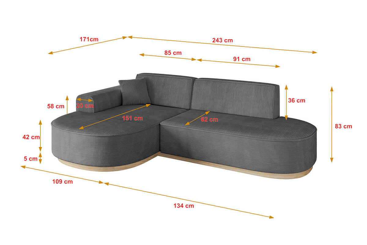 ECKSOFA Ottomane Links MARI-L1-v1 - 243x171x83 cm Dunkelgrau Cord - Dunkelgrau, Holzwerkstoff/Textil (243/171cm) - ALTDECOR