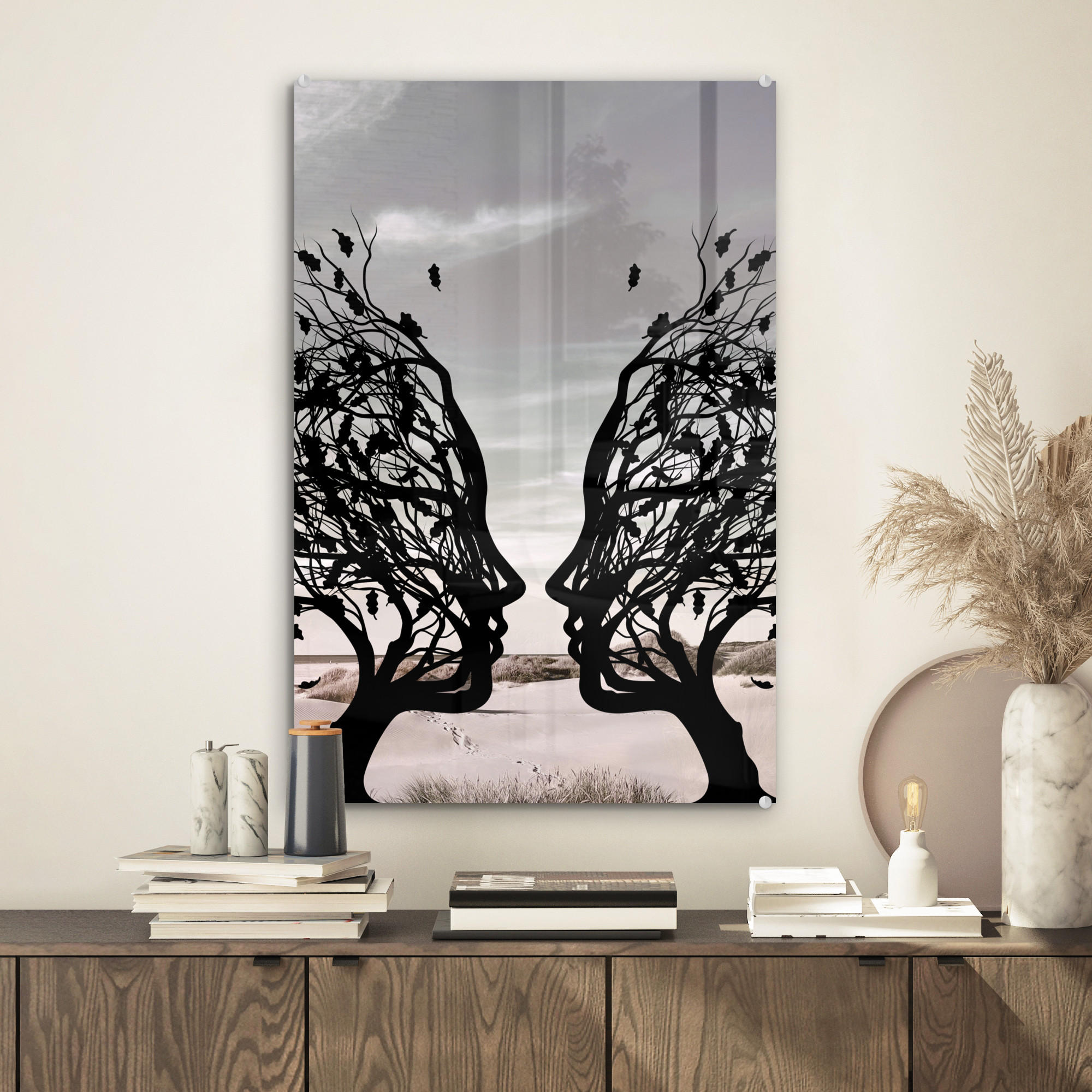 ACRYLGLASBILD Strand - Meer - Menschen - Baum - Moderne Kunst 40x60 cm - Hellgrau, Glas (40/60cm) - MuchoWow