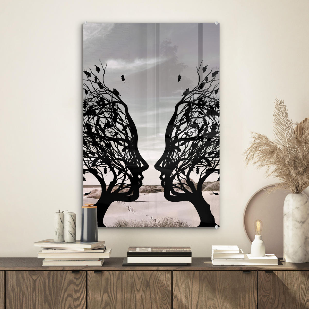 ACRYLGLASBILD Strand - Meer - Menschen - Baum - Moderne Kunst 40x60 cm - Hellgrau, Glas (40/60cm) - MuchoWow