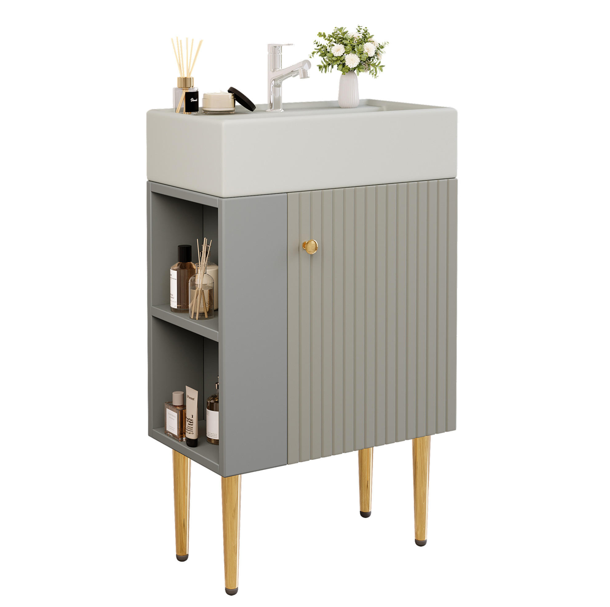 WASCHTISCHKOMBI 55/31/91 cm grau/weiß aus MDF mit Keramikbecken und Ablagefächern - Grau, Holzwerkstoff (55/91.5/31cm) - OKWISH