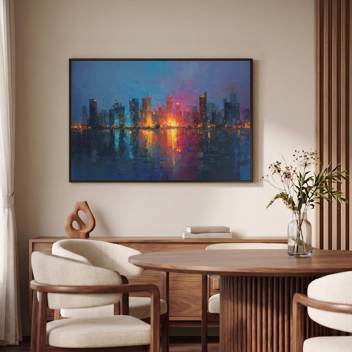 LEINWAND Bilder mit Rahmen - Skyline - Pinselstriche - Dunkelblau - Leuchtend - 90x60 - Blau, Textil (90/60cm) - MuchoWow