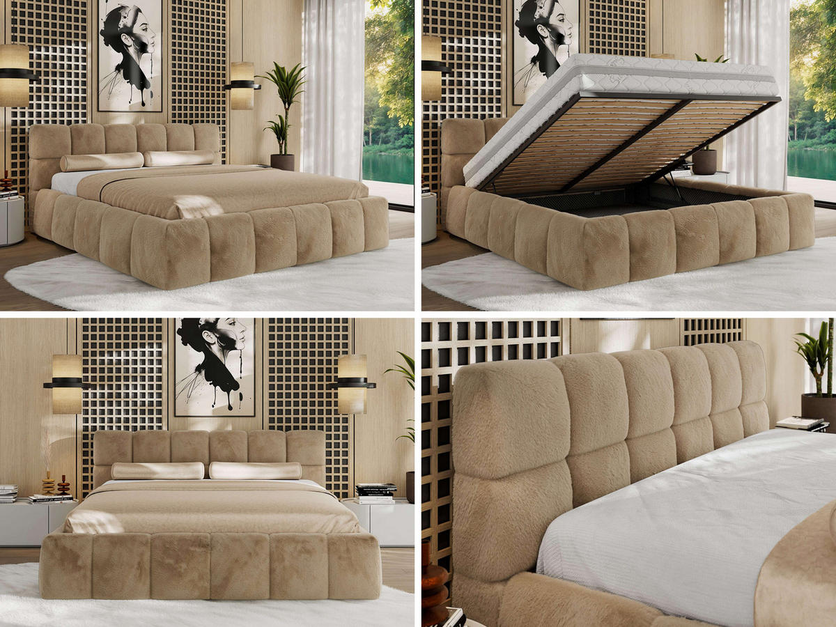 POLSTERBETT NIRA CLASSIC 160/200 - Beige Plüsch - Schaum-Matratze - Beige, Textil (160/200cm) - MKS