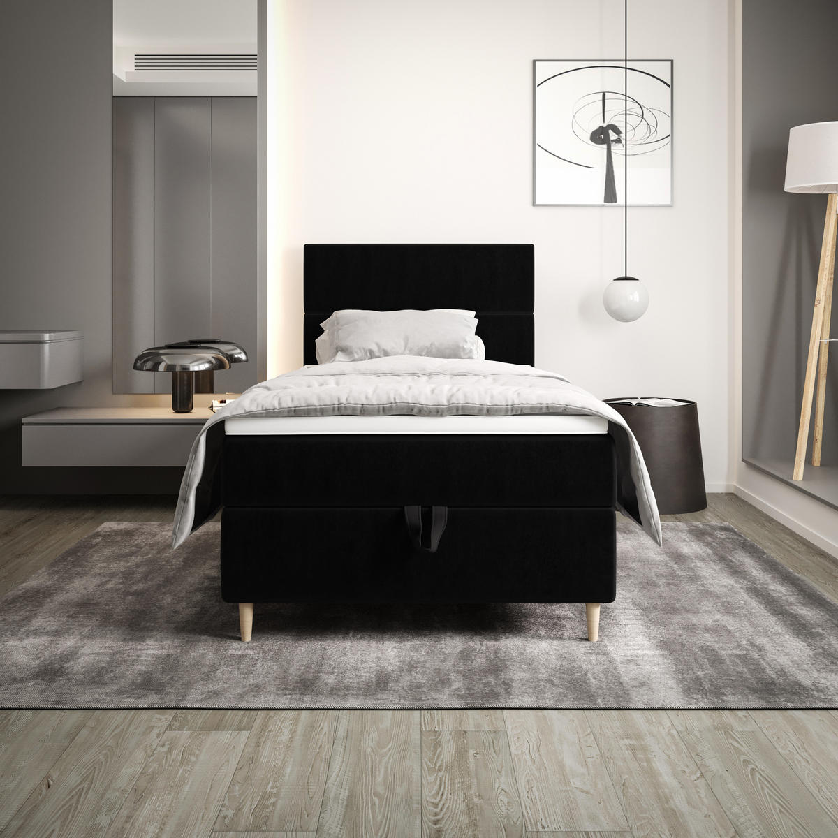 BOXBETT FLO 90x200 Itaka 15, mit Matratze H3, Bonell und Topper, Schwarz - Schwarz, Holz/Textil (90/200cm) - Bedante