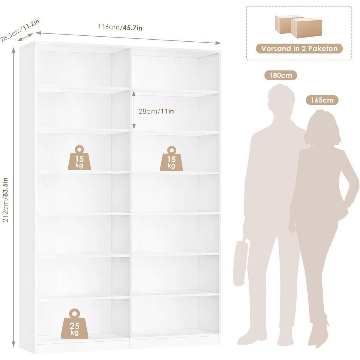 BÜCHERREGAL 212 cm weiß 116x28,5 cm - Weiß, Holzwerkstoff (116/212/28.5cm)