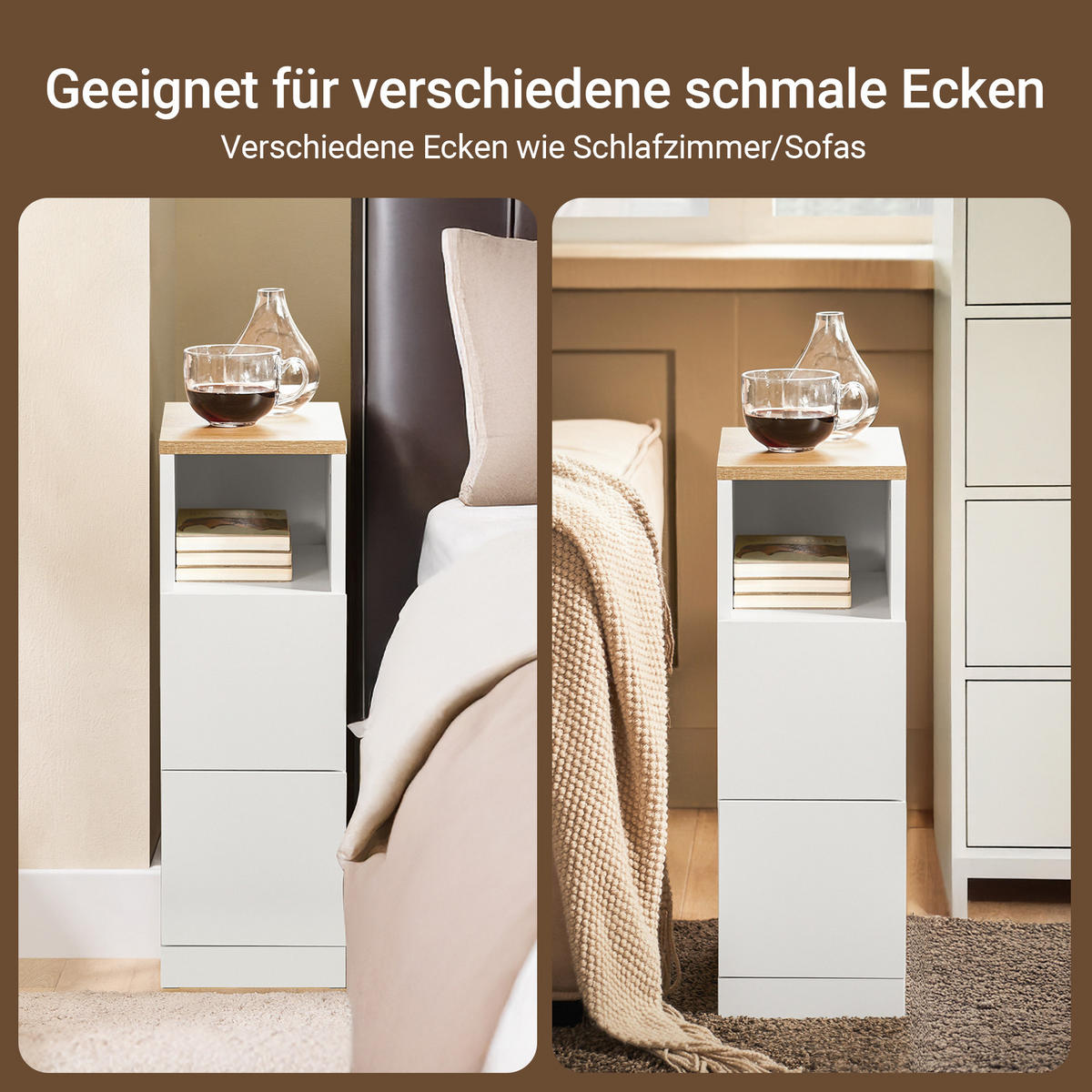 NACHTTISCH mit 2 Schubladen, Schmal, Weiß, 20x60x35cm - Weiß, Holzwerkstoff (20/60/35cm) - SoBuy