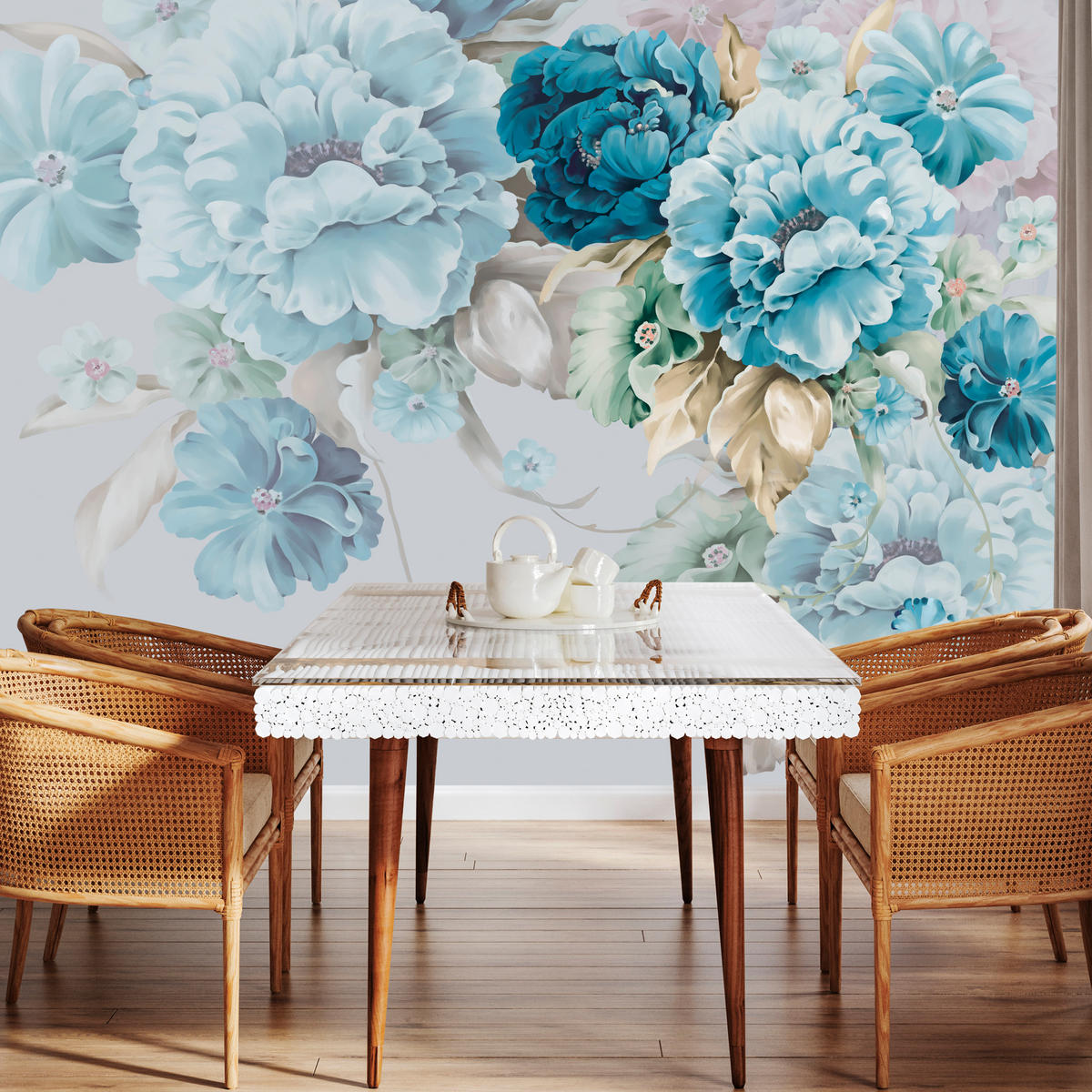 FOTOTAPETE für Schlafzimmer Blaue Pfingstrosen Zart Blumen Boho 450x315 - Blau/Gelb, Papier (450/315cm) - Muralo