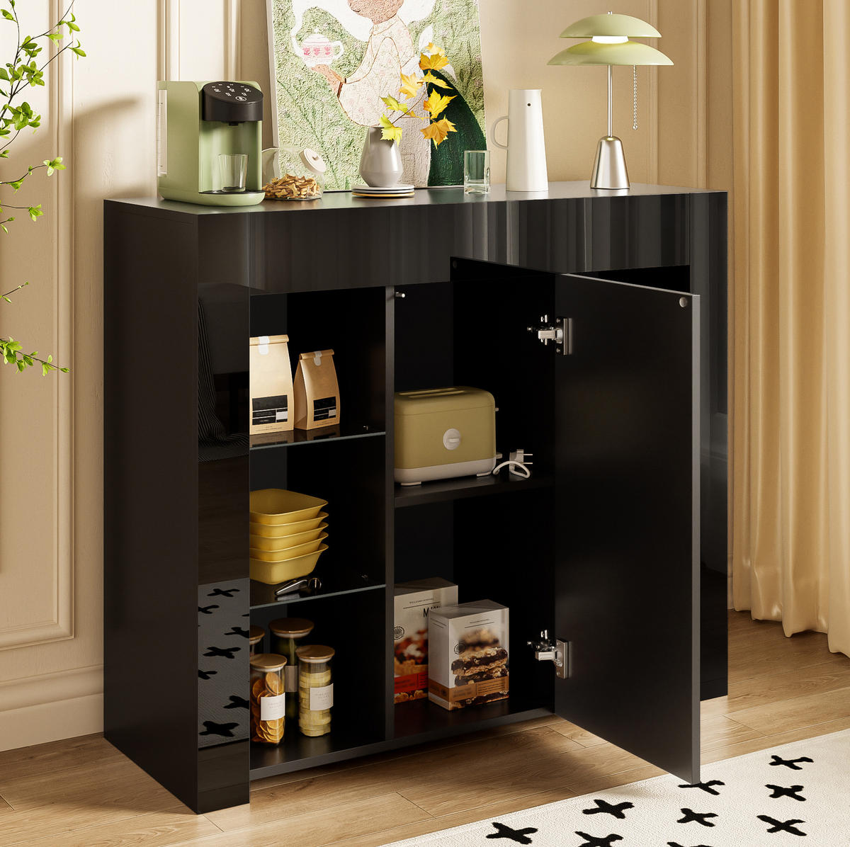 SIDEBOARD 95/35/83 cm in Schwarz mit Hochglanz-Front und Glasregalen - Schwarz, Holzwerkstoff (95/83/35cm) - Flora Grace
