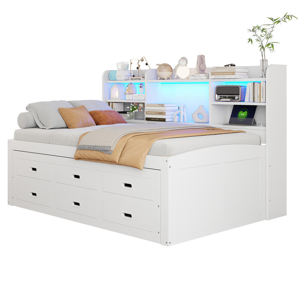 KREVET na izvlačenje 90/200 cm bijeli od iverala s LED rasvjetom, USB i 3 ladice - bijela, drvni materijal (90/200cm) - OKWISH