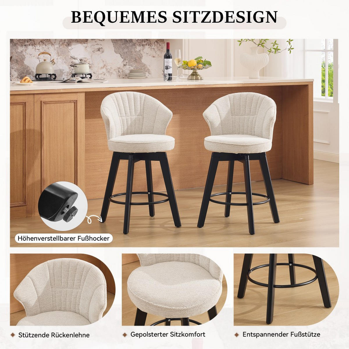 BARHOCKER 2er-Set Dreh-Polsterhocker - Beige, Naturmaterialien (51/92.5/52.5cm)