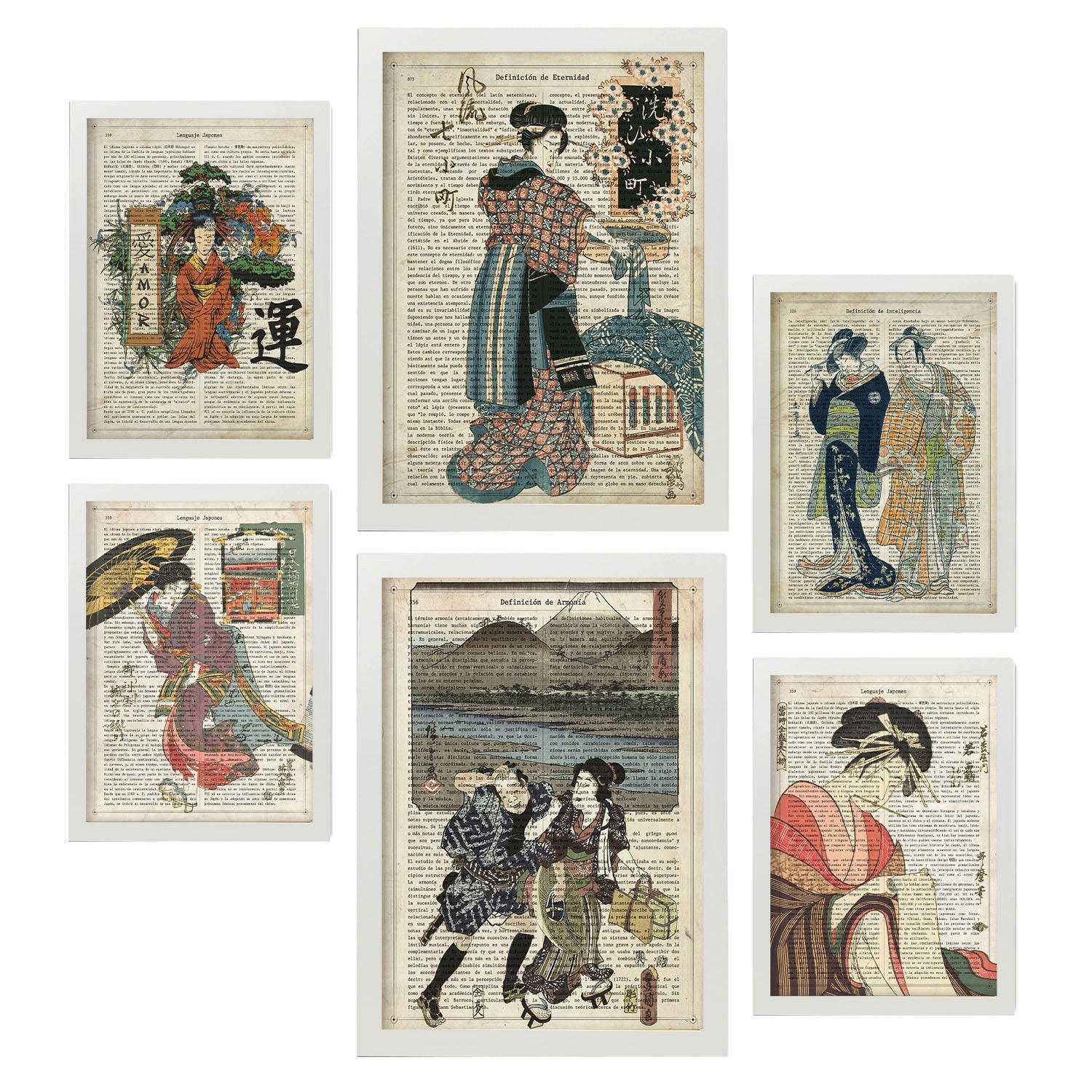 POSTER Set Mit 6 Japan Vintage Papier Stil Plakate Mit Enzyklopädie Hintergründen Ukiyo E Japanische Geishas Innenarchitektur A3 & A4 Weißer Rahmen - Weiß, Papier (29/3cm) - Nacnic