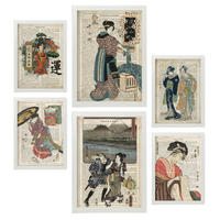 POSTER Set Mit 6 Japan Vintage Papier Stil Plakate Mit Enzyklopädie Hintergründen Ukiyo E Japanische Geishas Innenarchitektur A3 & A4 Weißer Rahmen - Weiß, Papier (29/3cm) - Nacnic