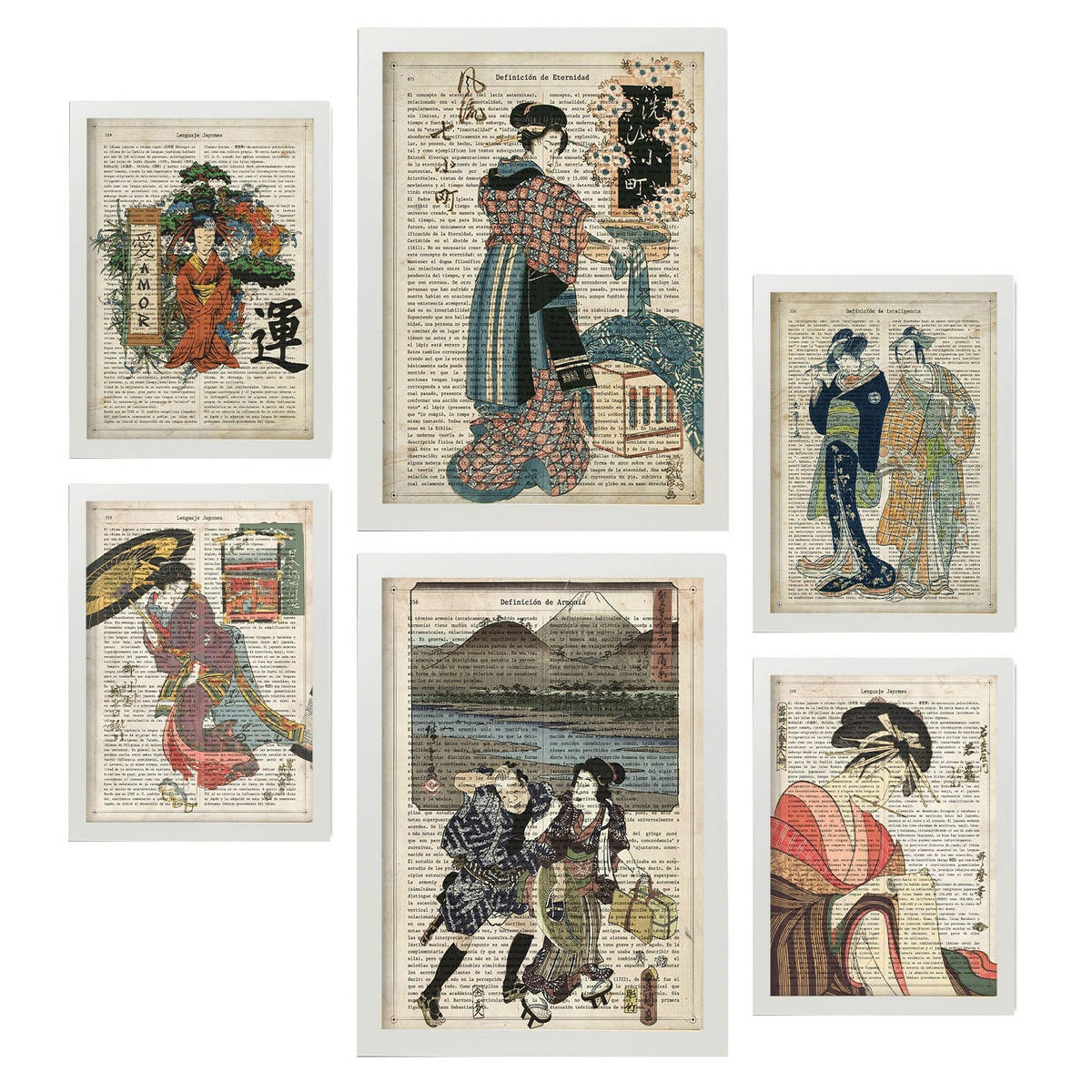 POSTER Set Mit 6 Japan Vintage Papier Stil Plakate Mit Enzyklopädie Hintergründen Ukiyo E Japanische Geishas Innenarchitektur A3 & A4 Weißer Rahmen - Weiß, Papier (29/3cm) - Nacnic