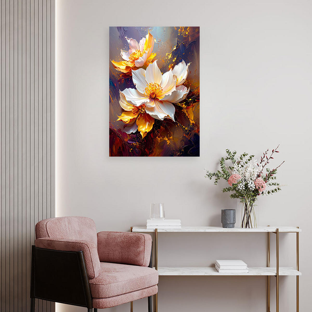 BILD auf Leinwand, Cremefarbene Blumen in goldenem Licht auf dunkelblauem Hintergrund - Multicolor, Textil (70/100cm) - Feeby