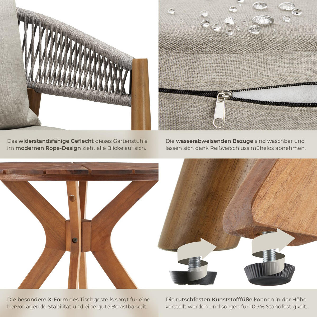 GARTENSET 3-teilig, höhenverstellbare Kunststofffüße, greige - Greige, Holz/Kunststoff - tectake