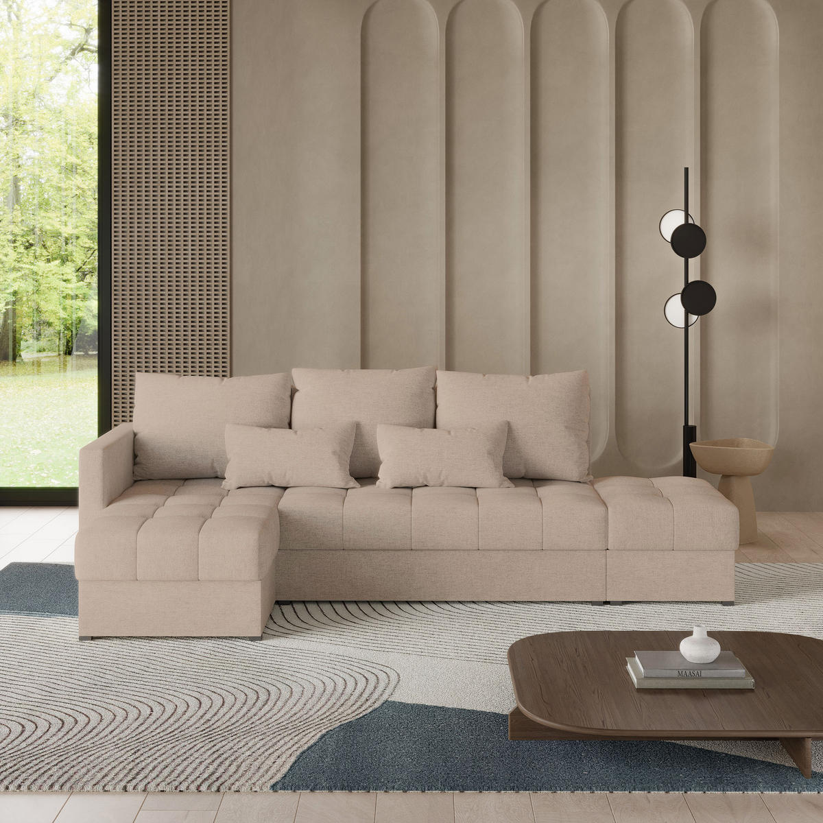 ECKSOFA LUMARI L-S Beige Plüsch-Stoff mit Schlaffunktion - Beige, Holz (262/143cm) - MASSENO