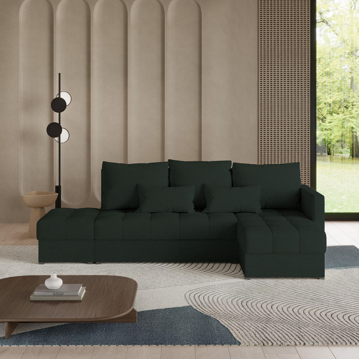 ECKSOFA LUMARI R-S Grün Plüsch-Stoff mit Schlaffunktion - Grün, Holz (262/143cm) - MASSENO