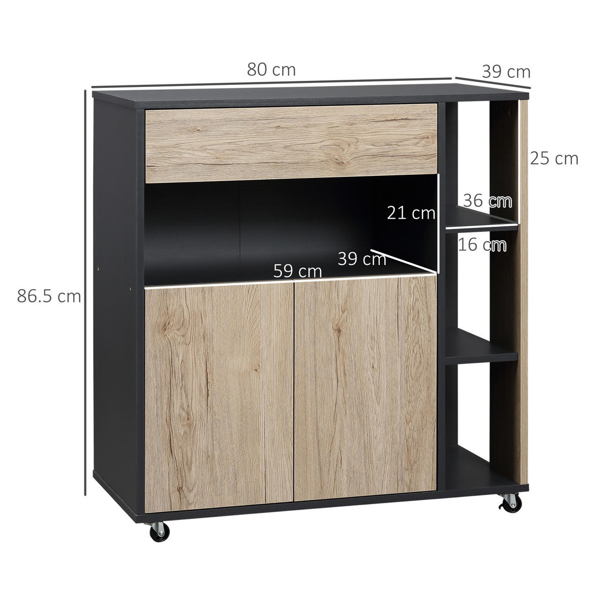KÜCHENWAGEN, multifunktional, Schublade, Schrank, 4 Rollen, Holz/Schwarz, 80x39x86,5cm - Multicolor, Metall (80/86.5/39cm) - FORIOUS