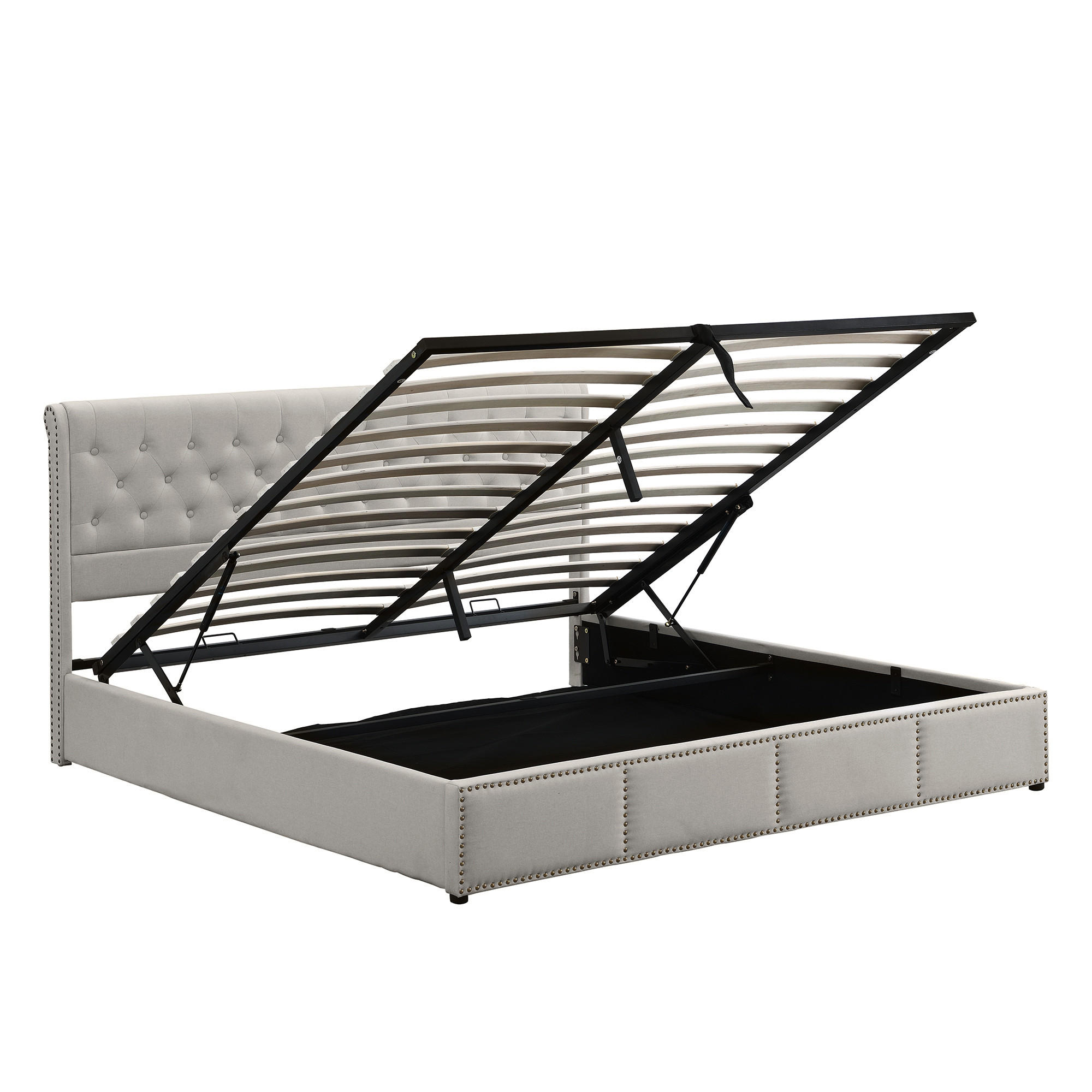 POLSTERBETT 140x190cm Baumwolle-Leinen Mit Hydraulik & Nieten - Grau, Naturmaterialien (140/190cm) - FLIEKS