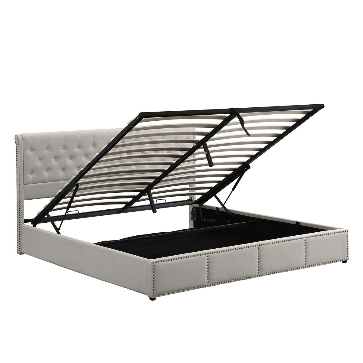 POLSTERBETT 160/200 cm Hellgrau mit Hydraulik und Nietenverzierung - Grau, Textil (160/200cm) - OKWISH
