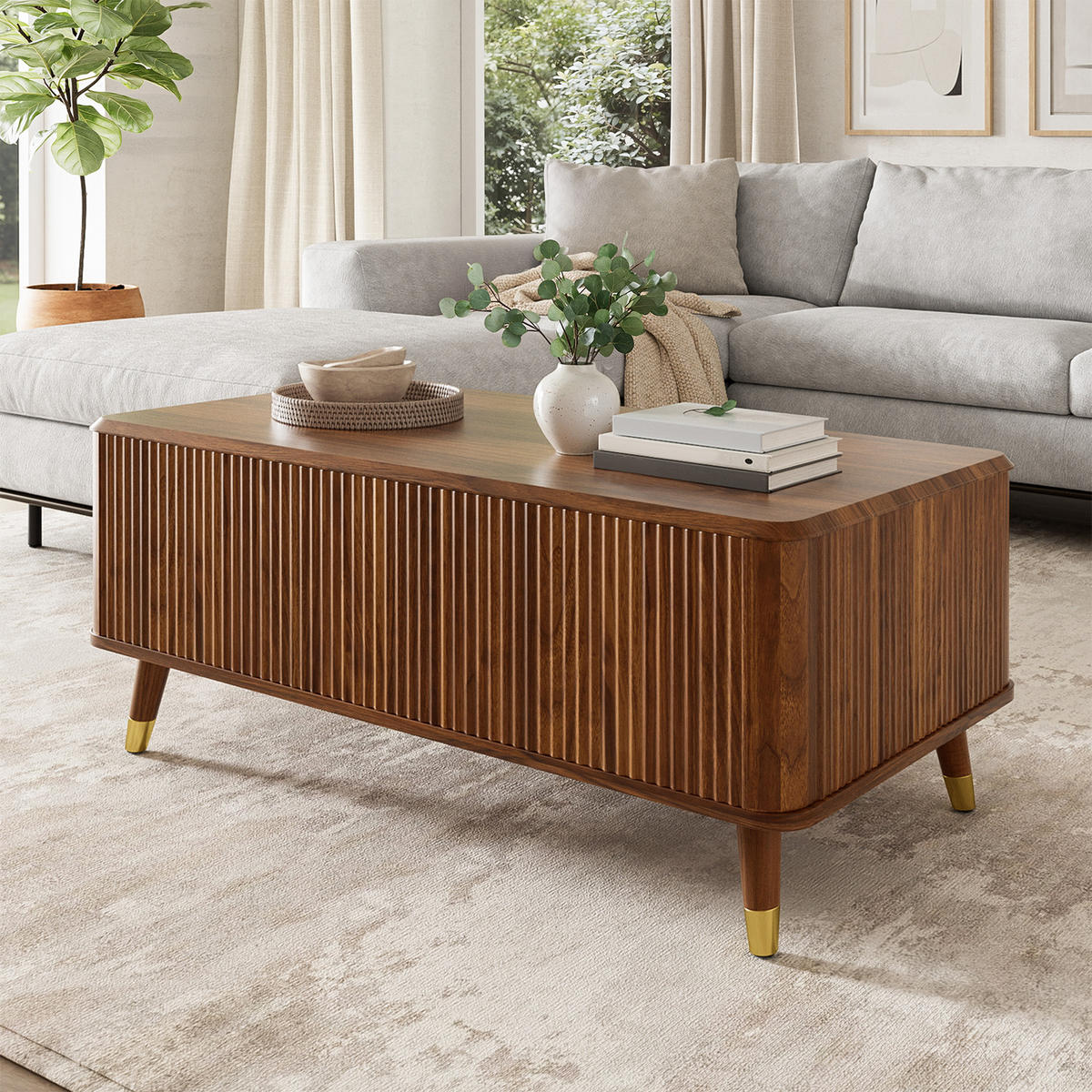 COUCHTISCH Retro Walnuss höhenverstellbar Wellen modern - Walnussfarben, Holzwerkstoff (97/52/56.5cm) - FLIEKS