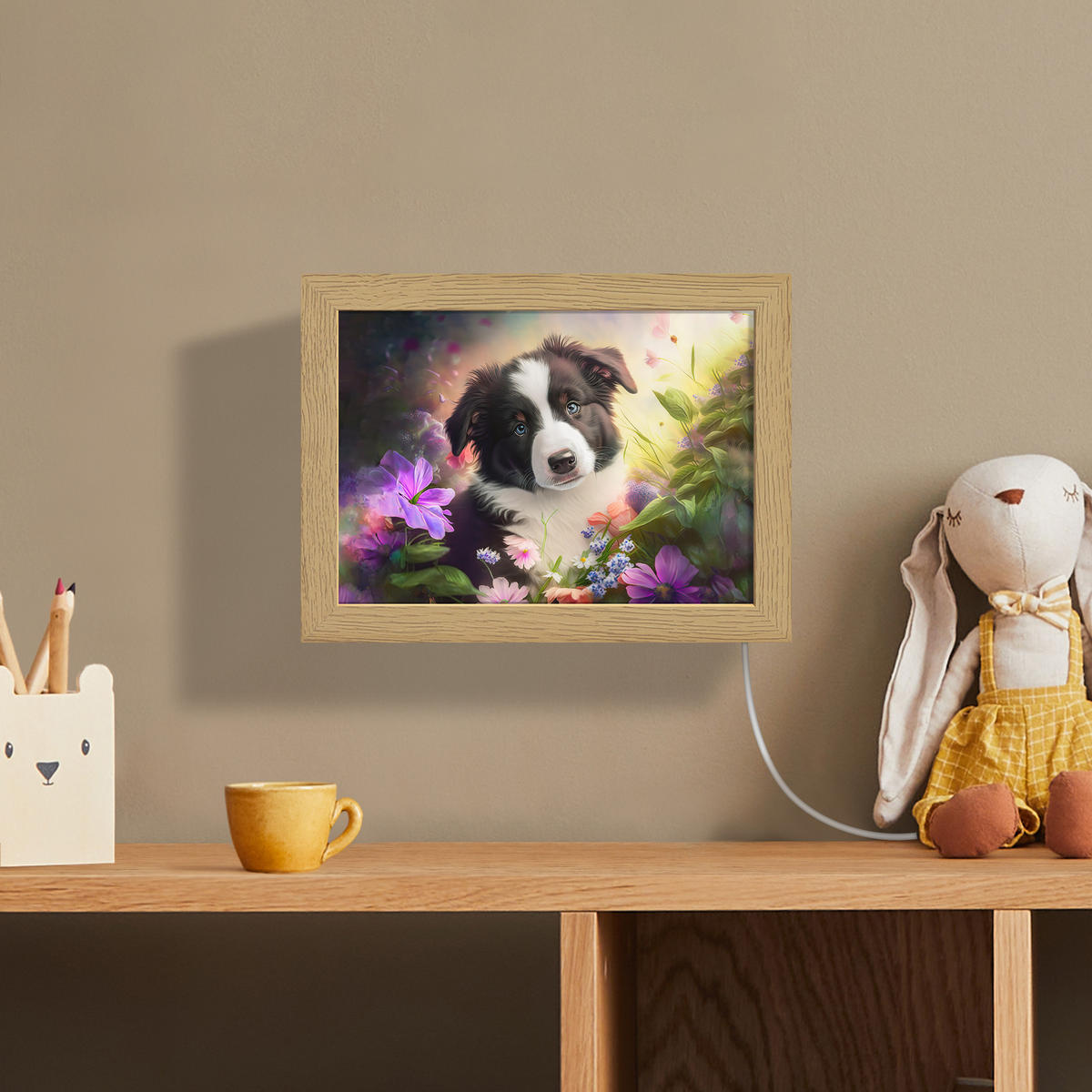 NÁSTĚNNÁ LAMPA Štěně - Slunce - Květiny - Příroda - Border kolie - Pes 20x15 cm - fialová, kompozitní dřevo (20/15/8cm) - OnlyWow