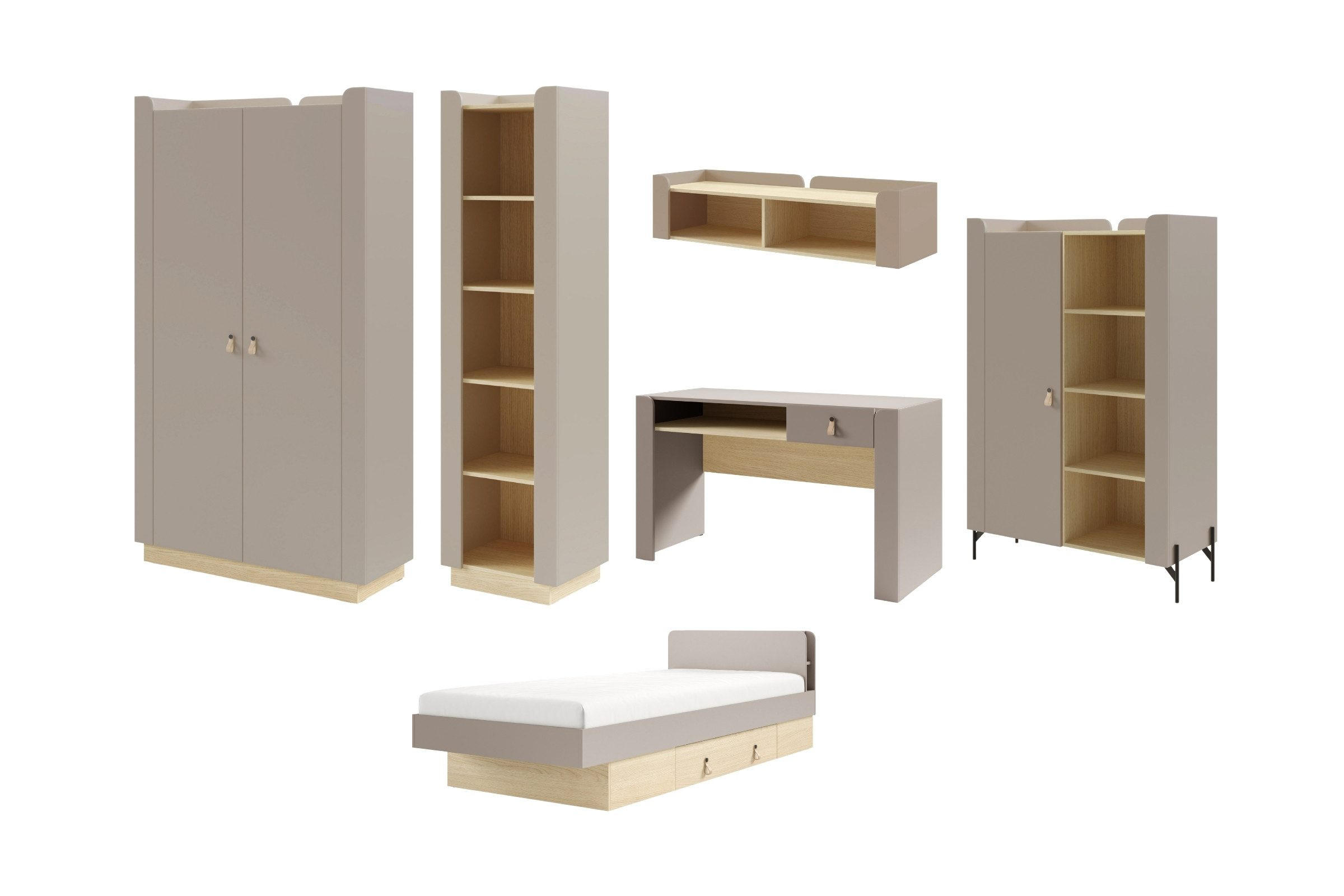 JUGENDZIMMER SOVI B 6-teilig in Porcini / Eiche Mavelie - Greige/Eichefarben, Holzwerkstoff (479/201/218cm) - Deine Möbel 24