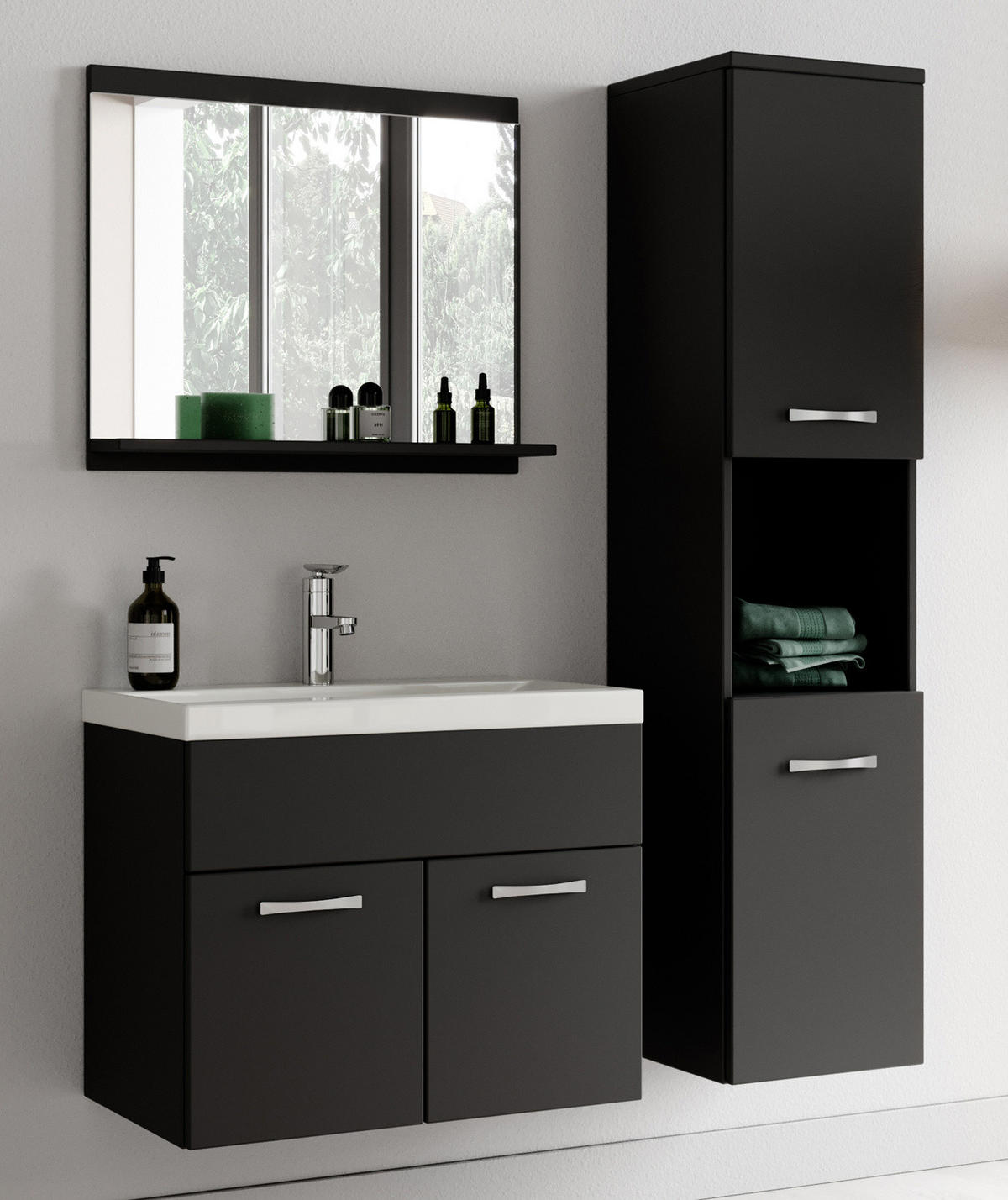 BADMÖBEL-SET Montreal 02 3 Teile Schwarz Mat - 60 x 35 x 51 cm - Chromfarben/Schwarz, Holz/Metall (60/51/35cm) - Badplaats