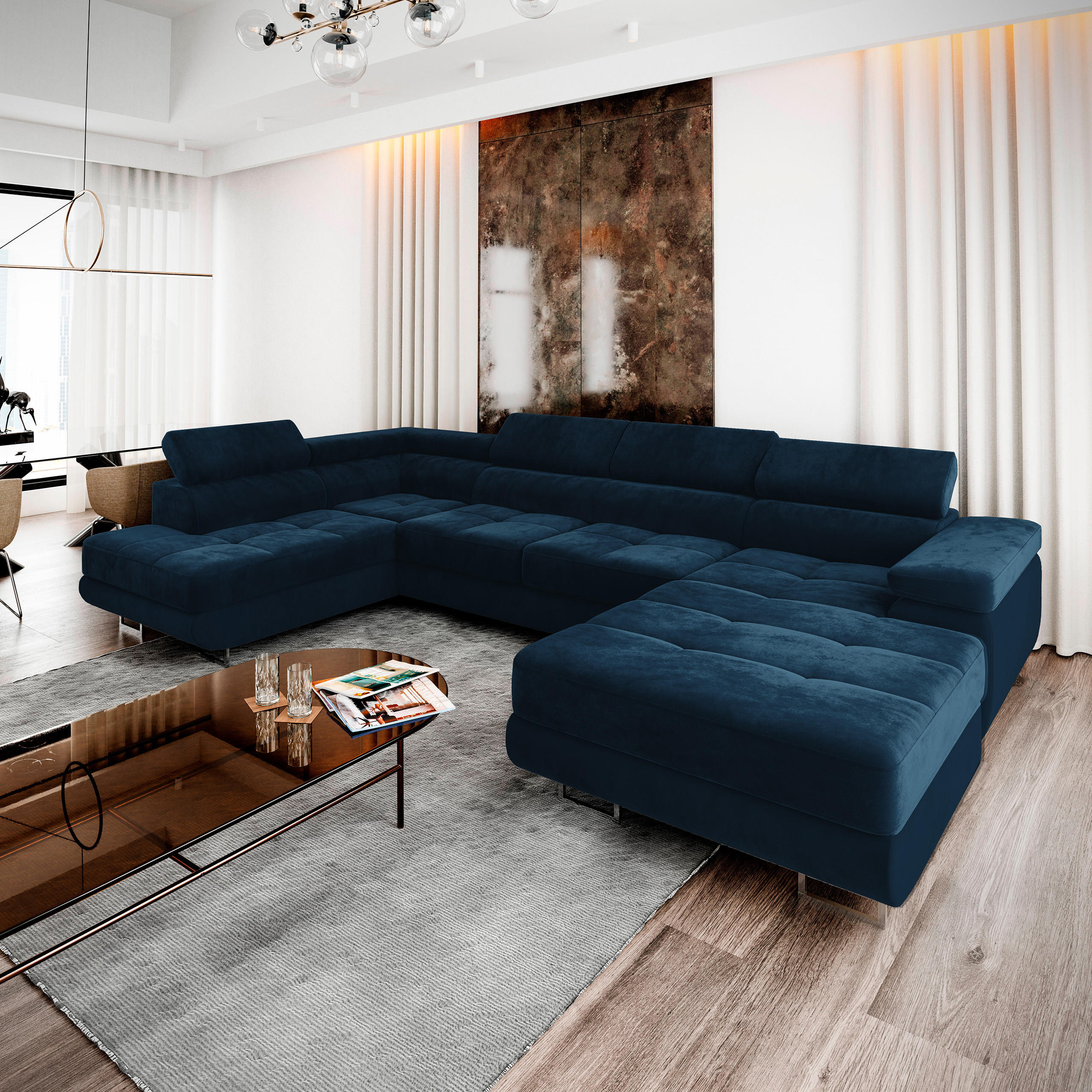 WOHNLANDSCHAFT CASONE L-S Blau Velours-Stoff mit Schlaffunktion - Blau, Holz (345/90/202cm) - MASSENO