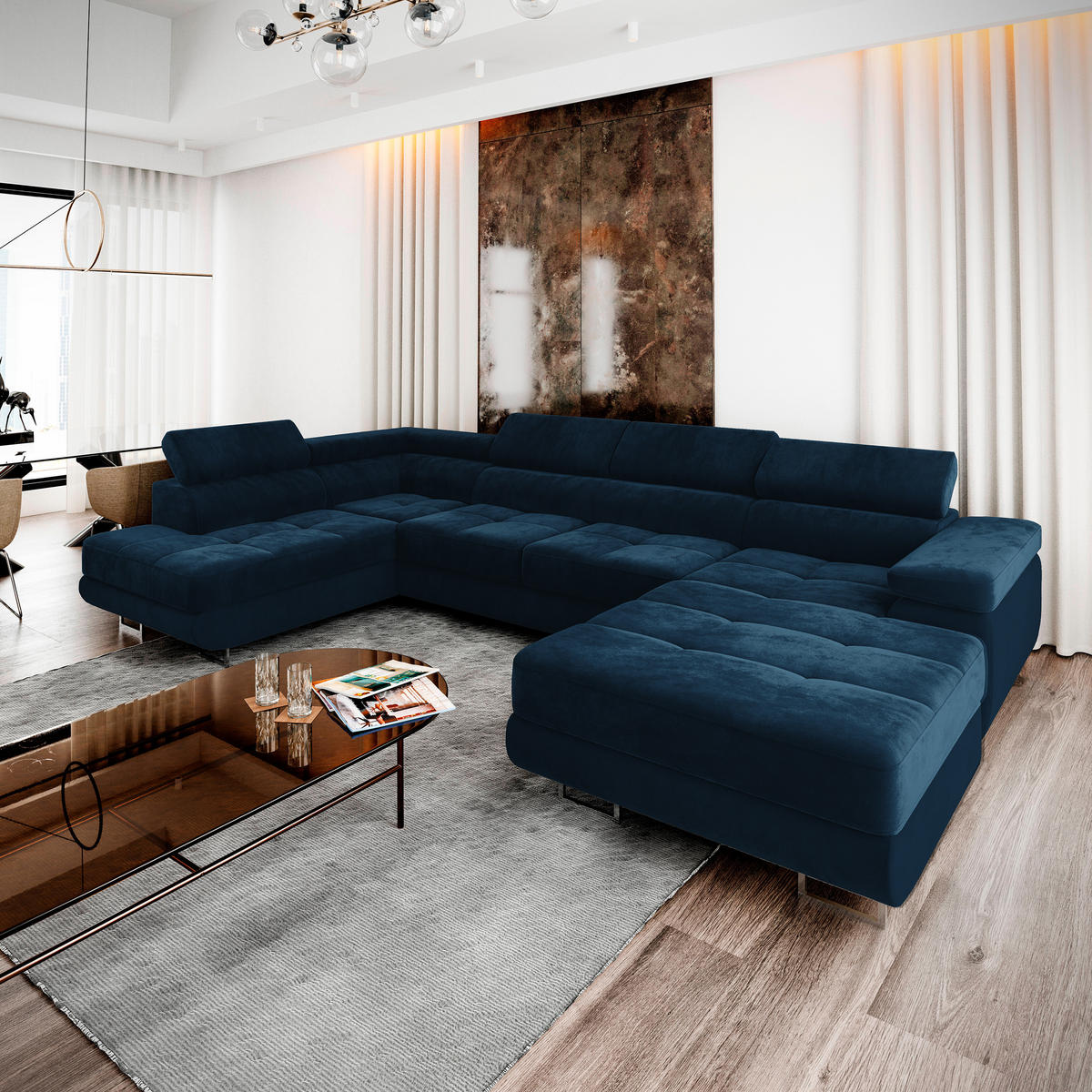 WOHNLANDSCHAFT CASONE L-S Blau Velours-Stoff mit Schlaffunktion - Blau, Holz (345/90/202cm) - MASSENO