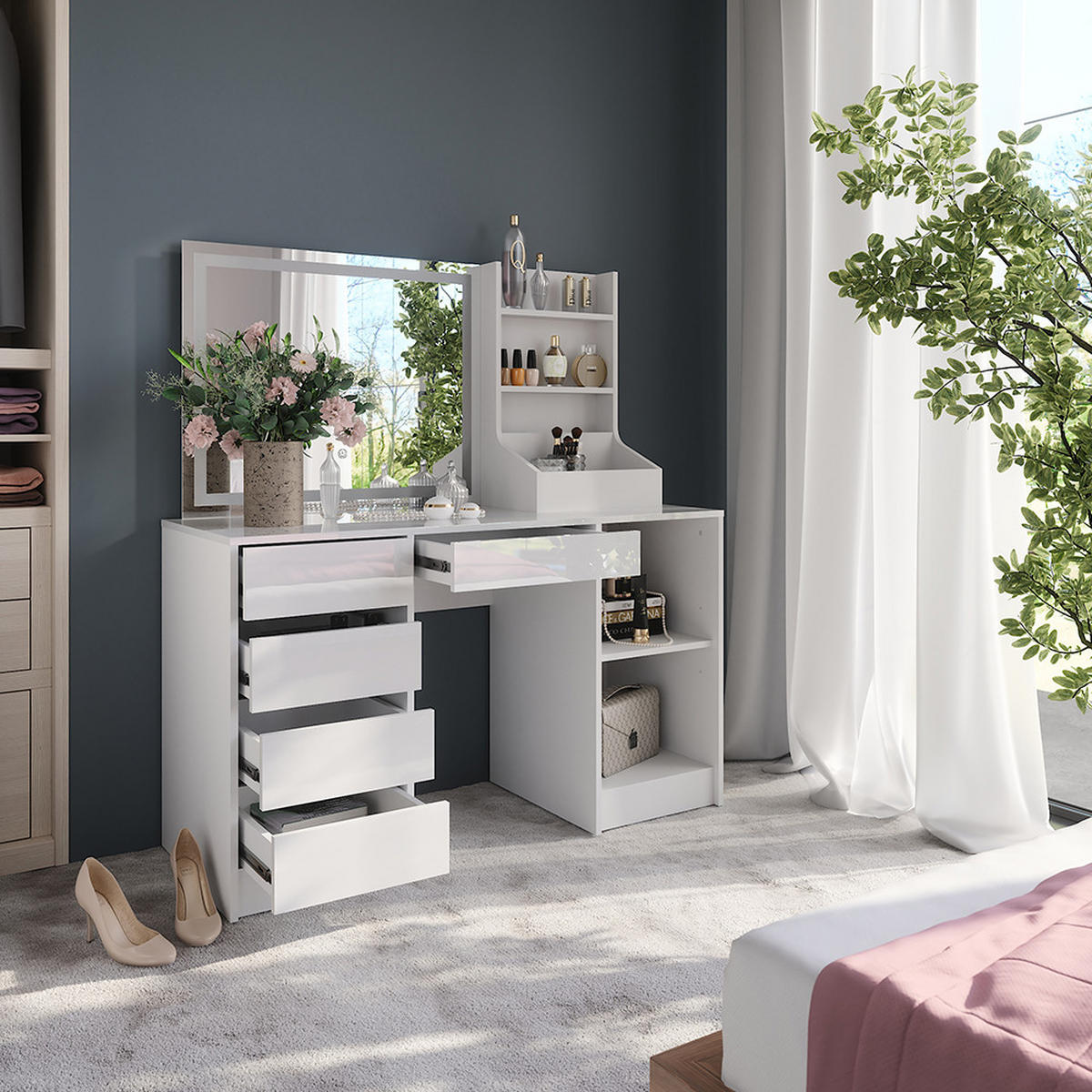 SCHMINKTISCH Sherry Weiß/Weiß Hochglanz 128.2 cm 3 Teile - Weiß Hochglanz, Holzwerkstoff (128.2/76/50.1cm) - Vicco