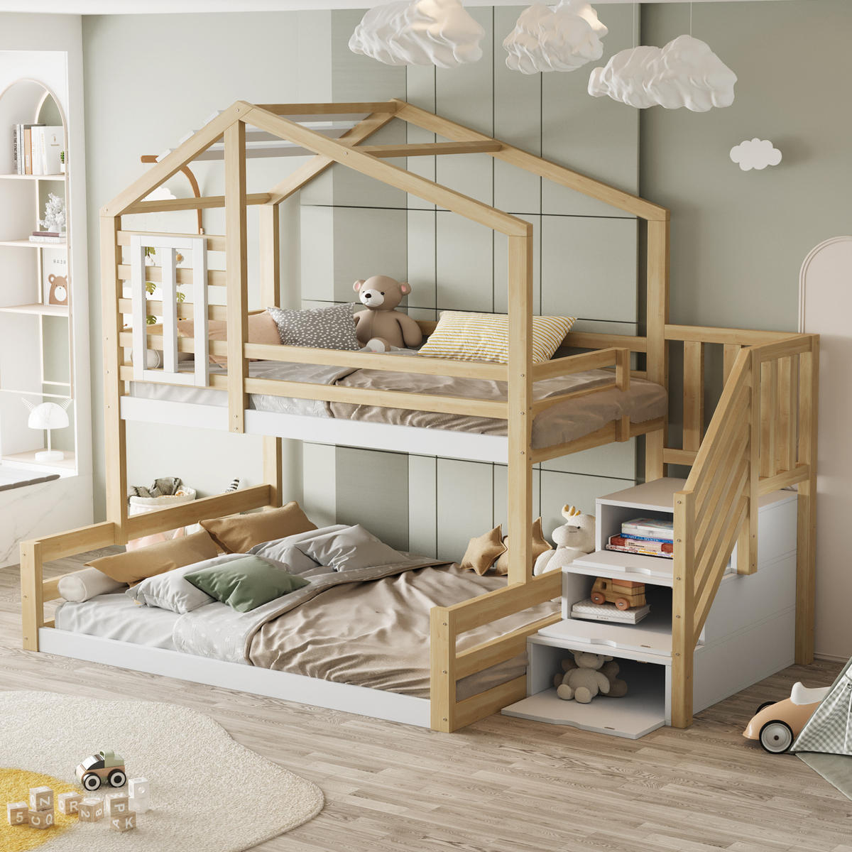 POSCHODOVÁ posteľ 90/200 a 140/200 cm prírodná z borovicového dreva a MDF s úložnými schodmi a oknom - prírodná farba, drevo (90/200cm) - OKWISH