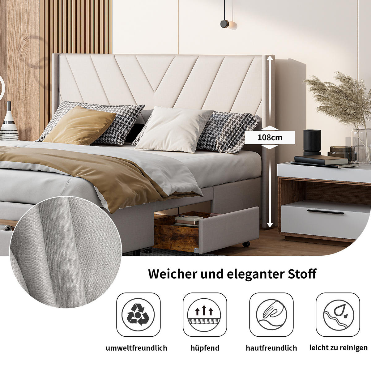 POLSTERBETT 160x200 cm LED Schubladen Stauraum Lattenrost beige - Beige, Holz (160/200cm) - LEBENLANG